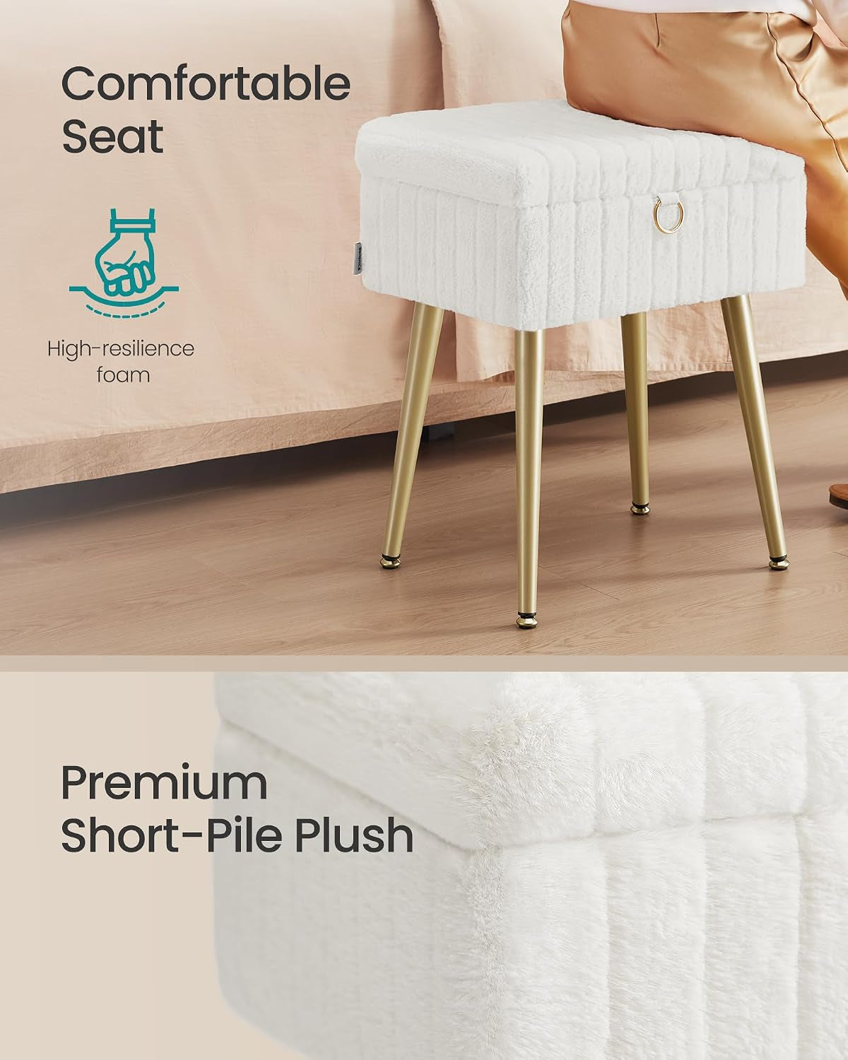 Close view of the stool showing plush short-pile upholstery, gold legs and a partial bedside scene