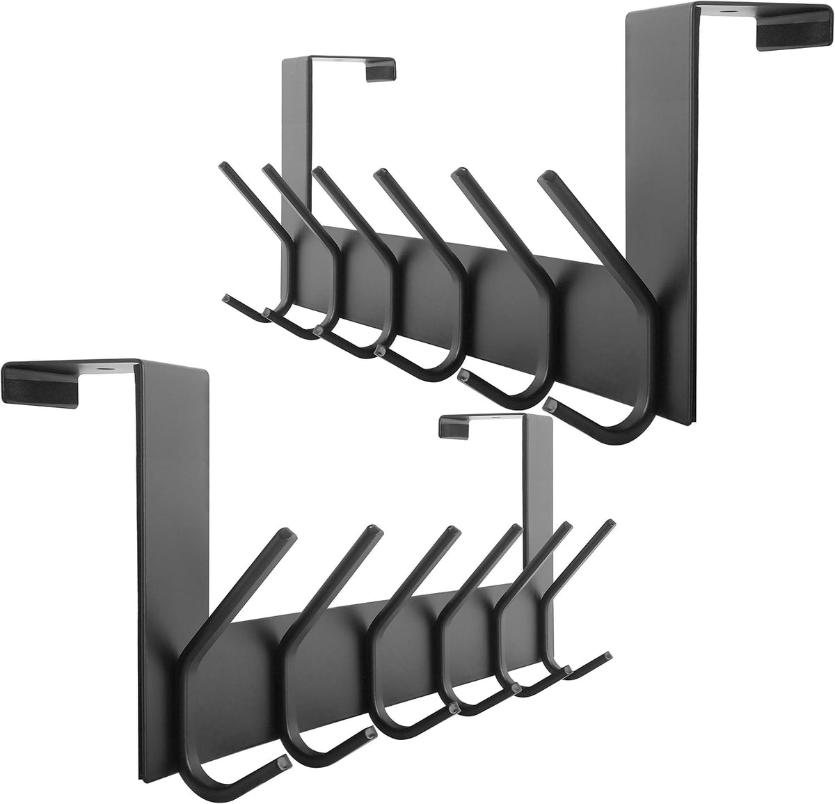 Black over‑the‑door rack shown at an angle with six angled hooks and two top door hangers