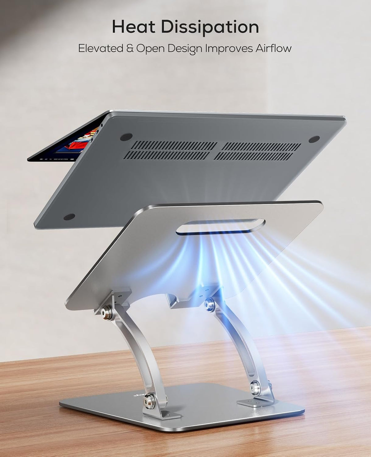 Low rear view showing laptop bottom vents and the stand's platform cutout with stylized blue airflow lines.
