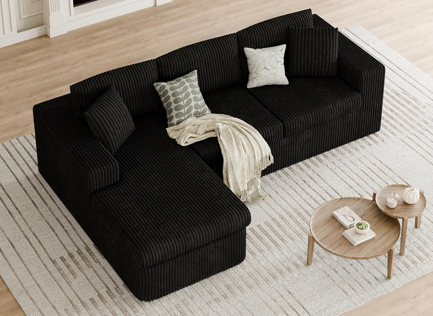 105" Modular Sectional Sofa, Boneless L Shaped Couch with Deep Seat, Cloud Foam Couch with Oversized Chaise, Plush Corduroy Sofa No Assembly Needed for Living Room, Black