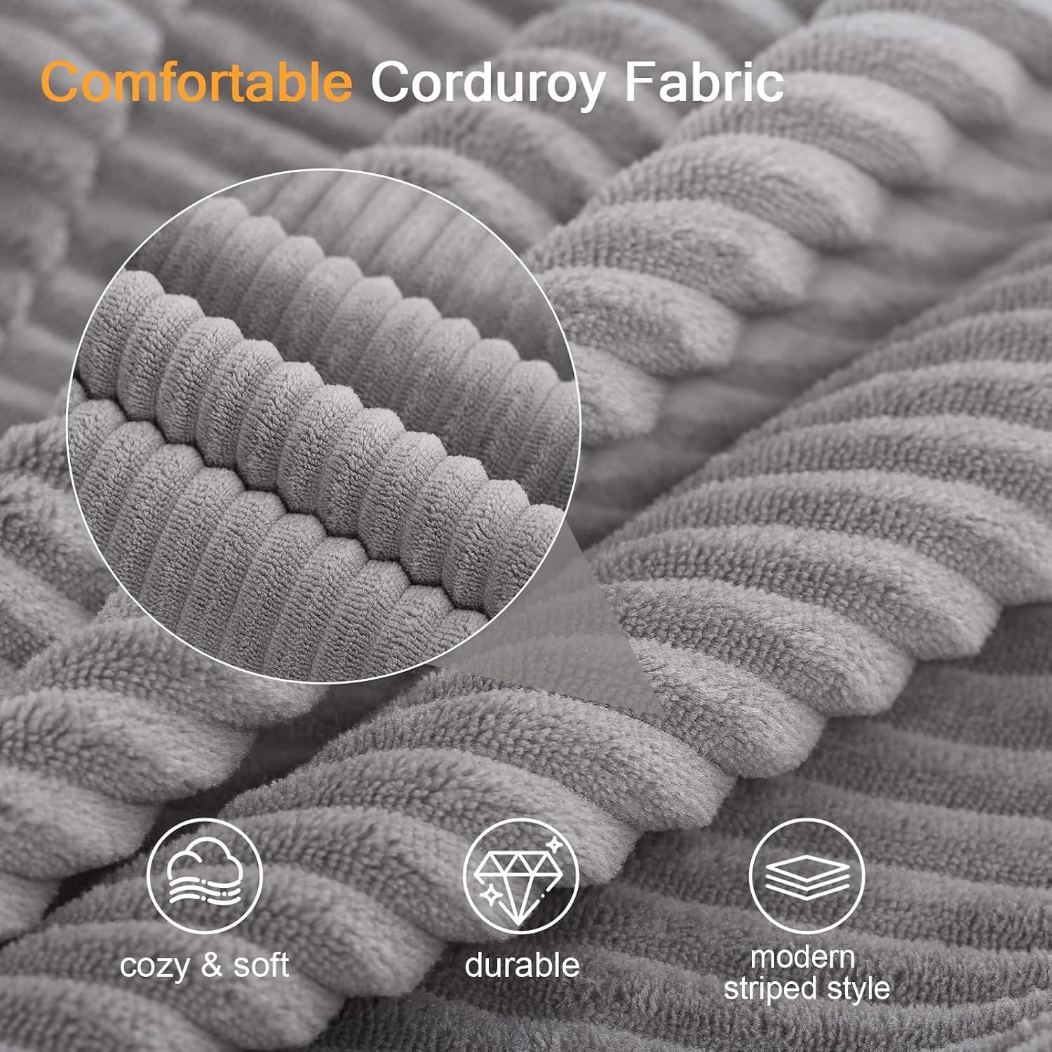 Macro view of ribbed corduroy fabric in a soft gray with a circular zoom inset