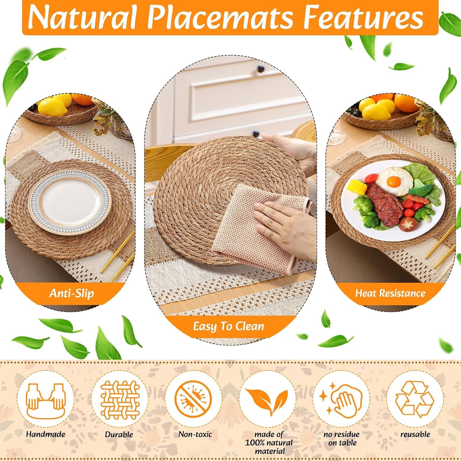 Three circular shots showing anti-slip, easy-clean and heat resistance uses of the natural woven placemats