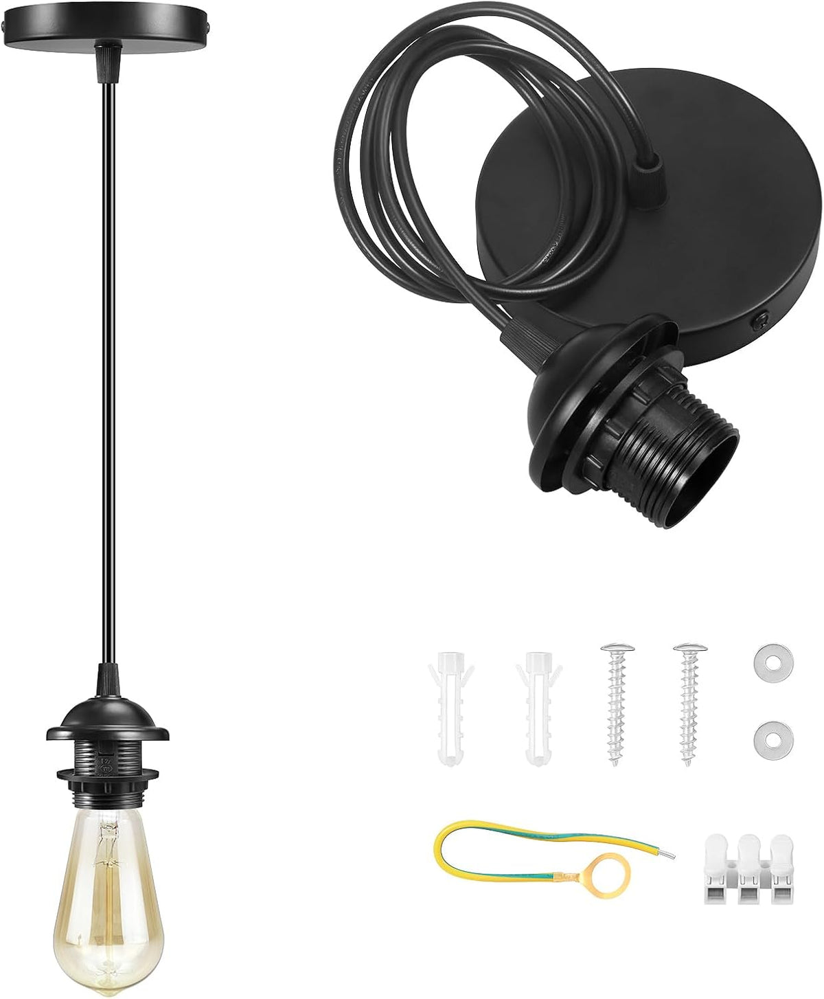 Black ceiling canopy and pendant socket shown with screws, wire connector and grounding loop on a white background.