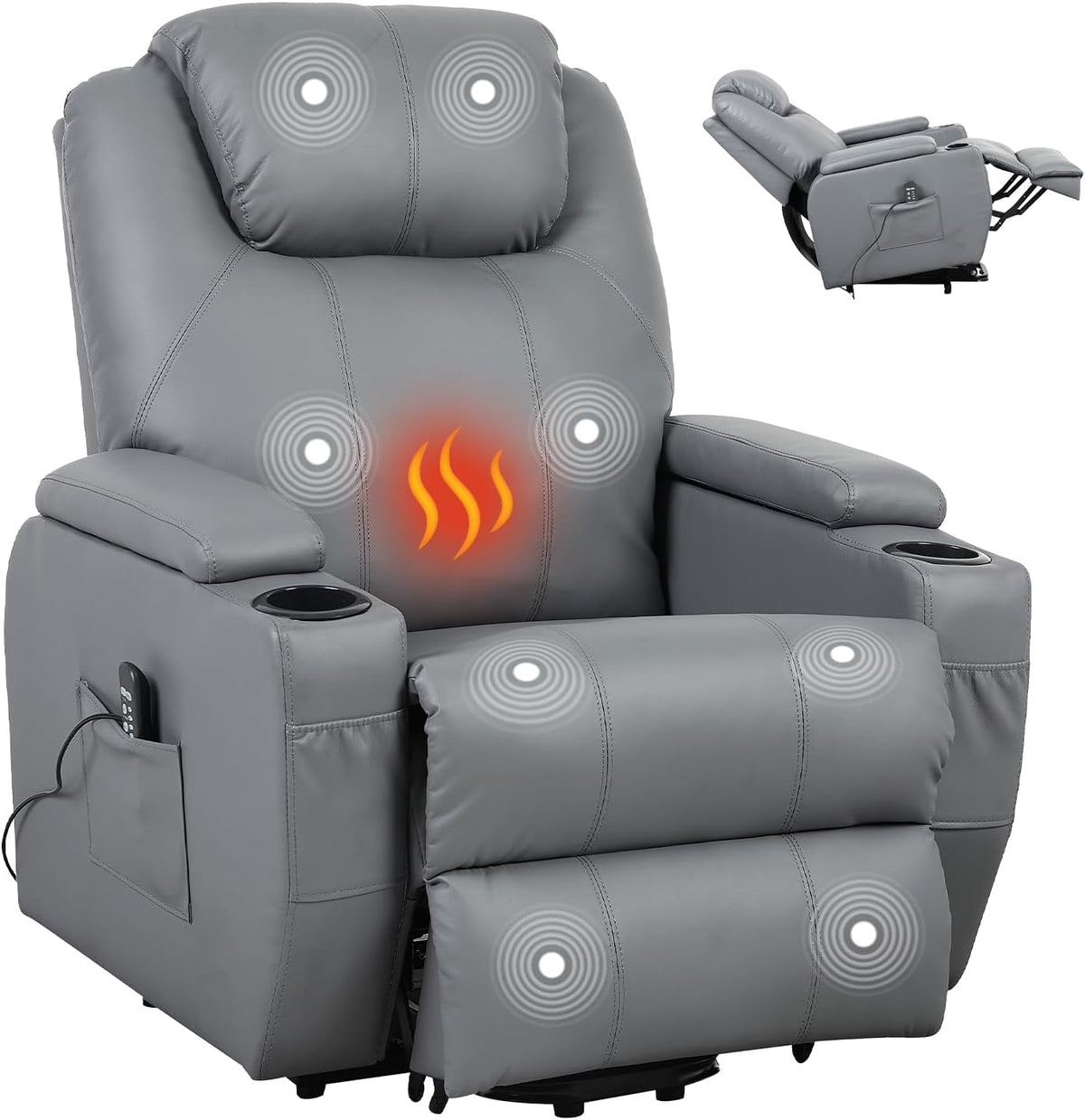 Front view of a gray power lift recliner showing cup holders, side pocket and highlighted massage and heat zones.