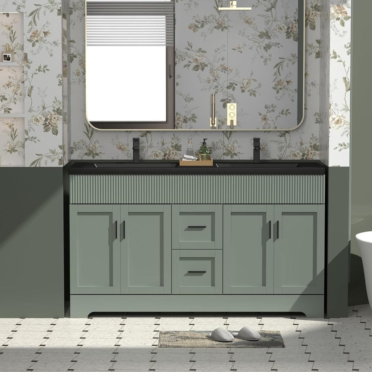 Wider front view of green double-sink vanity with dual faucets, rectangular mirror and patterned floor