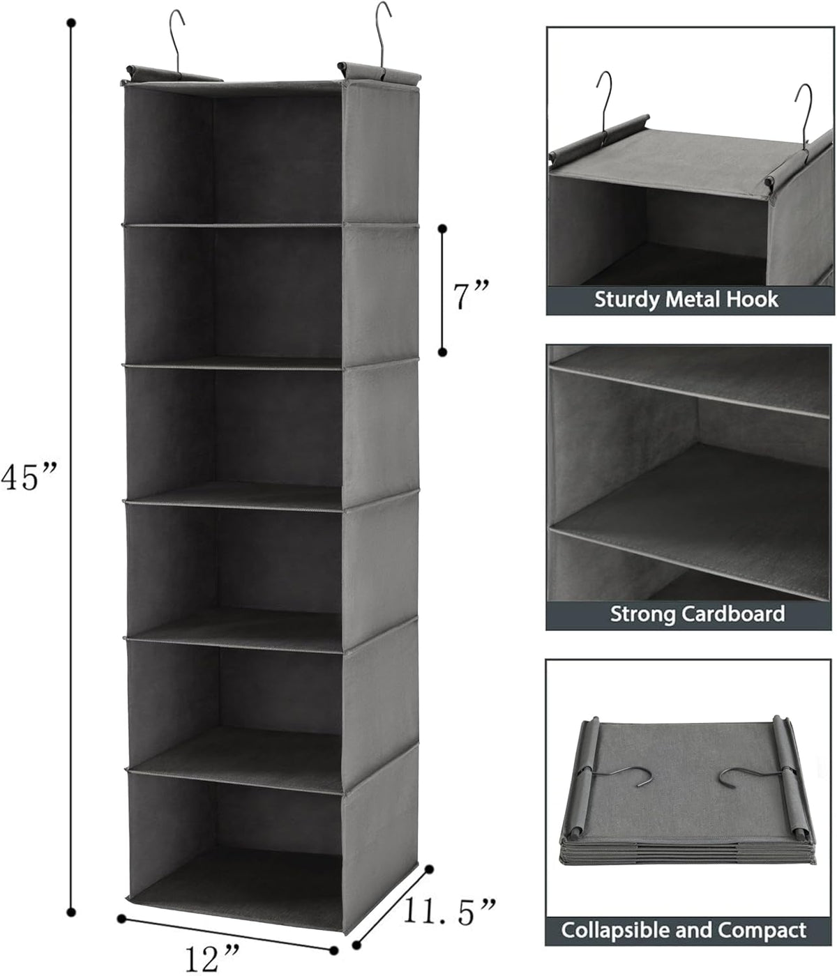 Diagram showing grey 6-tier hanging organizer with labeled dimensions 45 x 12 x 11.5 inches and shelf details