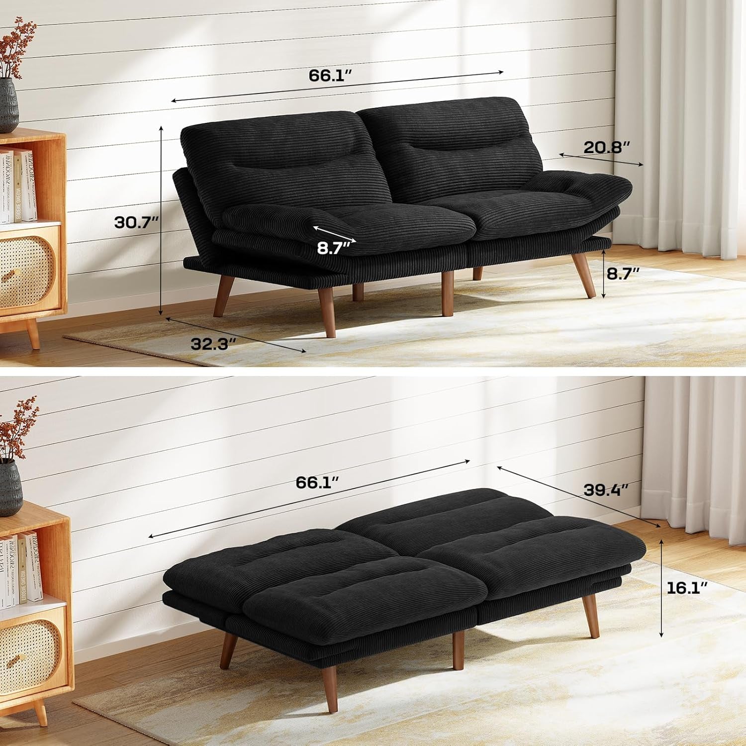 Black futon shown with dimension overlays illustrating 66.1" width and flat bed position in room setting