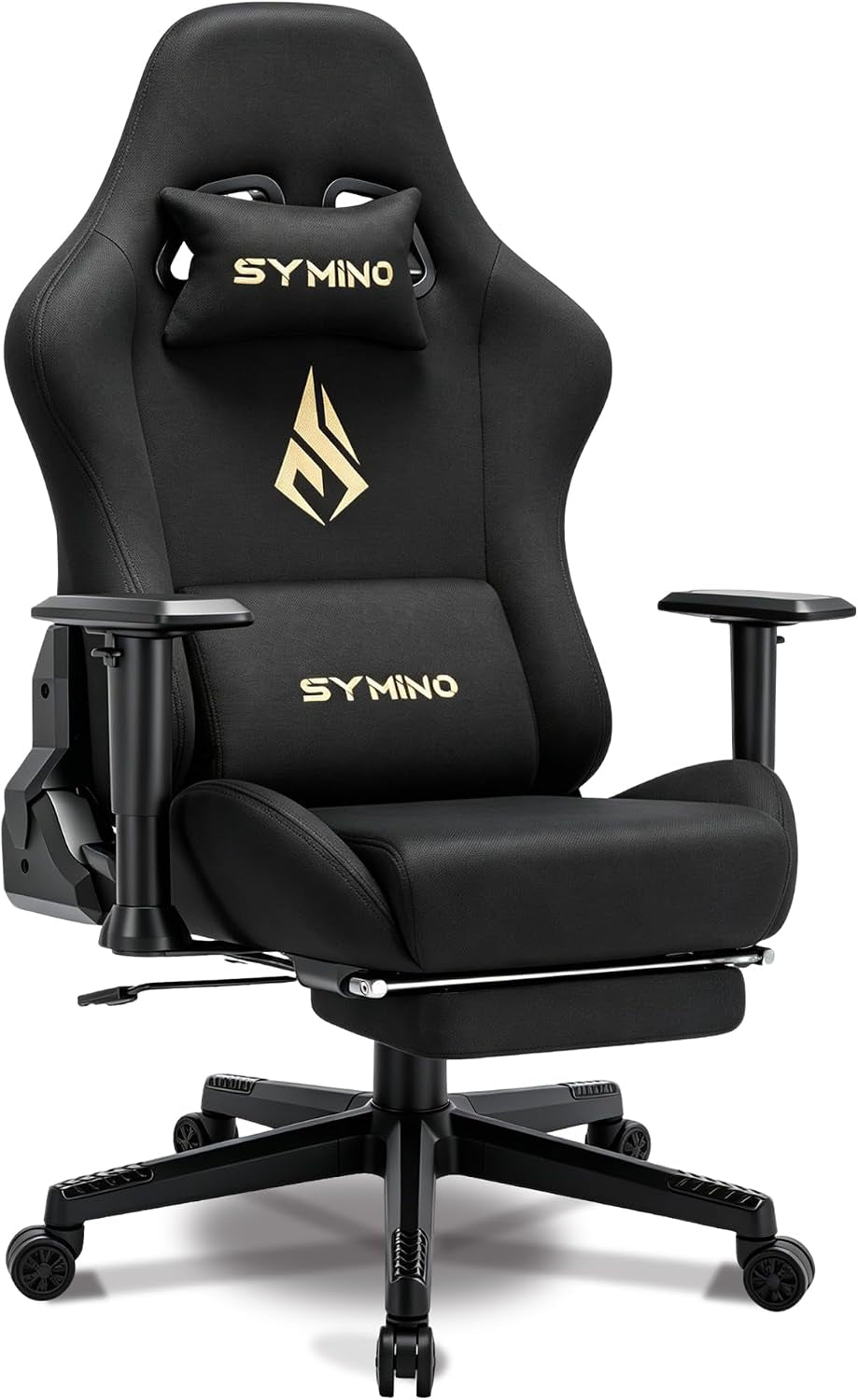 Black high-back gaming chair angled to show seat, armrests, wheels and lowered footrest