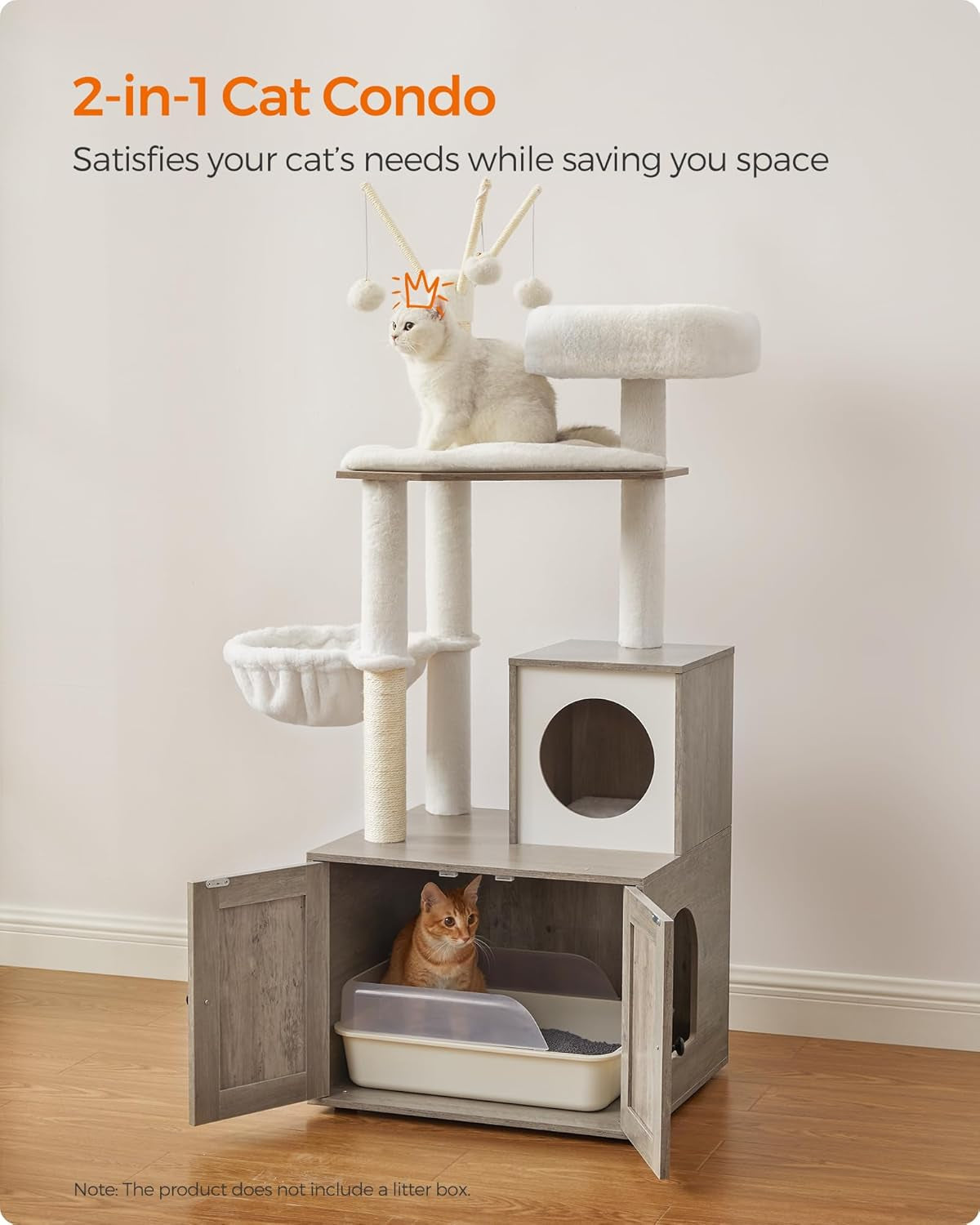 Neutral-background view showing elevated perch, sisal scratching post and cube cave with circular entrance