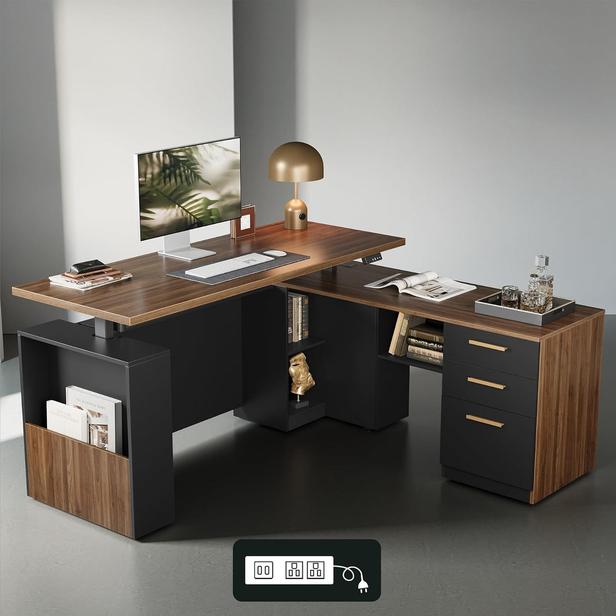 L-shaped standing desk in black and walnut finish with monitor, lamp, and three-drawer file cabinet