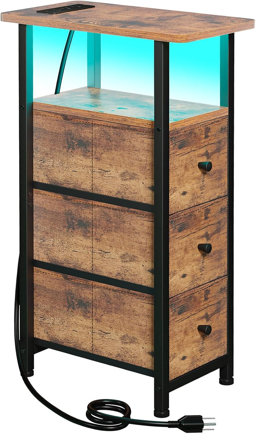Wood-effect top narrow table with teal interior glow and three drawers shown