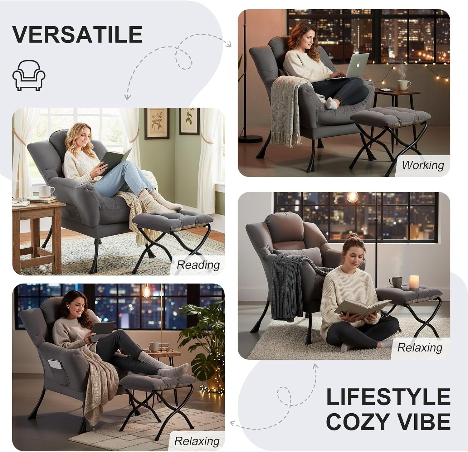 Four lifestyle photos showing a gray cushioned lounge chair and matching ottoman used for reading, working, and relaxing.