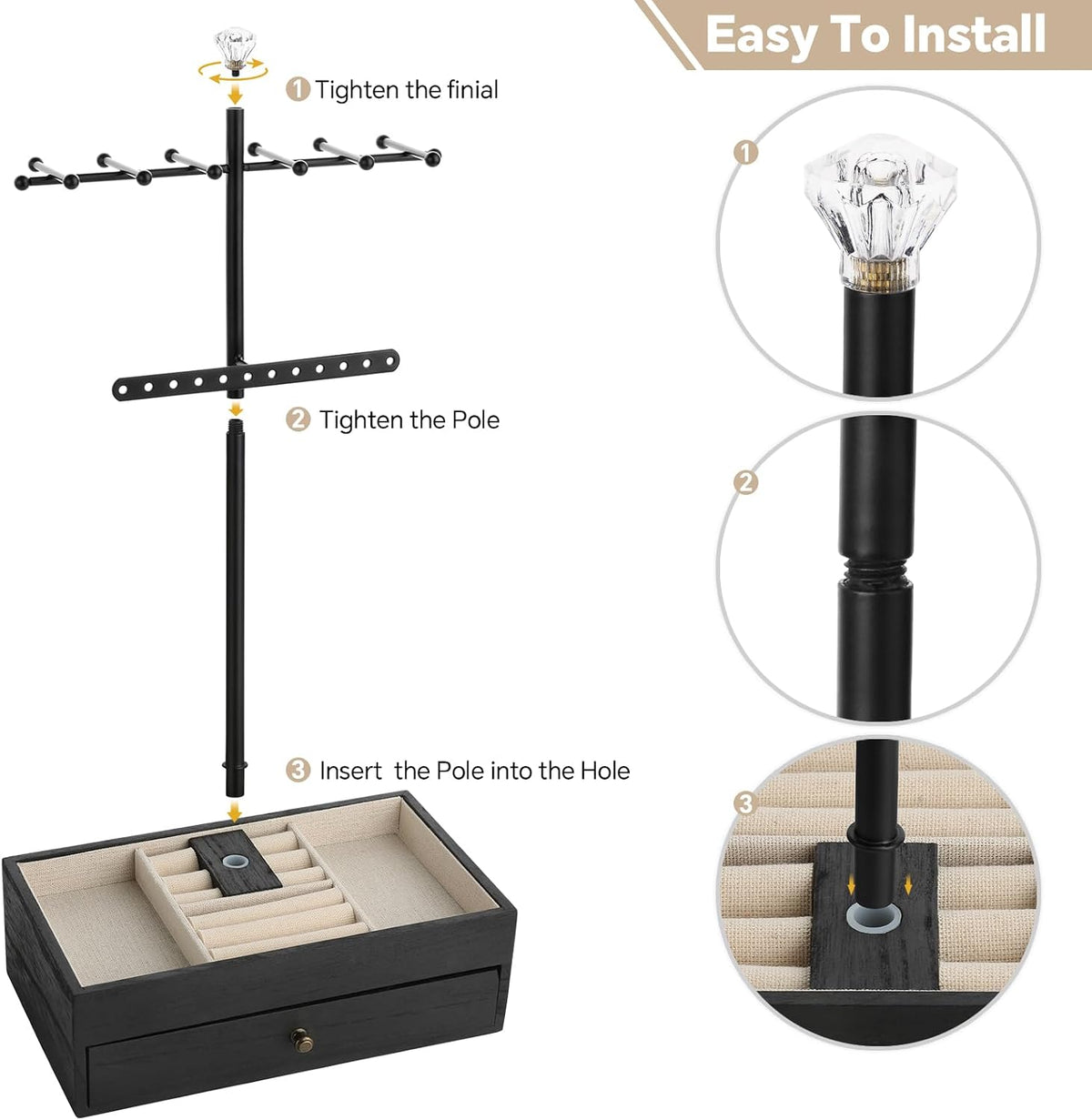 Exploded assembly illustration showing how the black pole, bars, and finial screw together into the lined wooden tray.