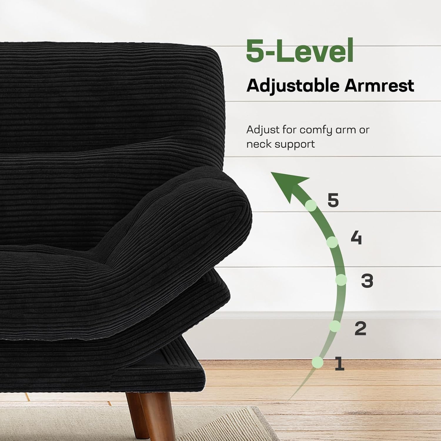 Close-up of black corduroy armrest with graphic showing five adjustable armrest angles