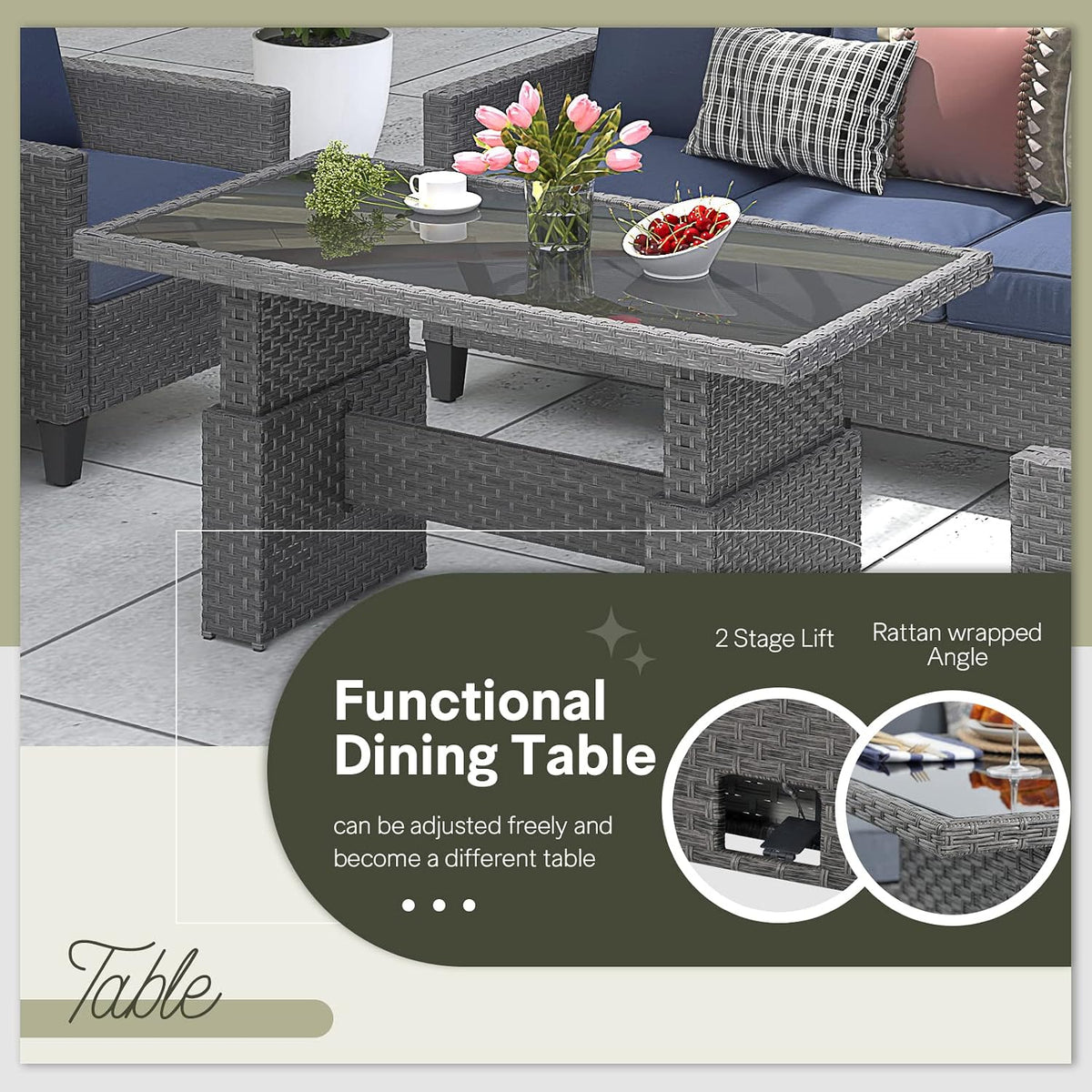 Grey resin wicker lift-top table displayed as a functional dining table with close-up of the lift mechanism and rim weave
