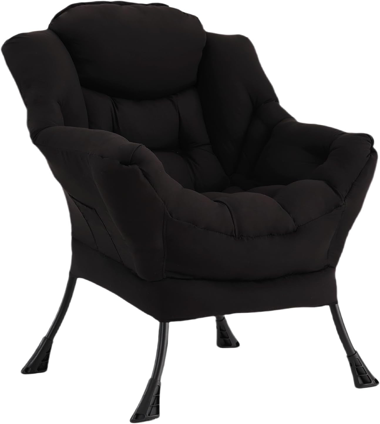 Black plush lounge chair shown alone, angled three-quarters to display cushioned arms and metal legs.