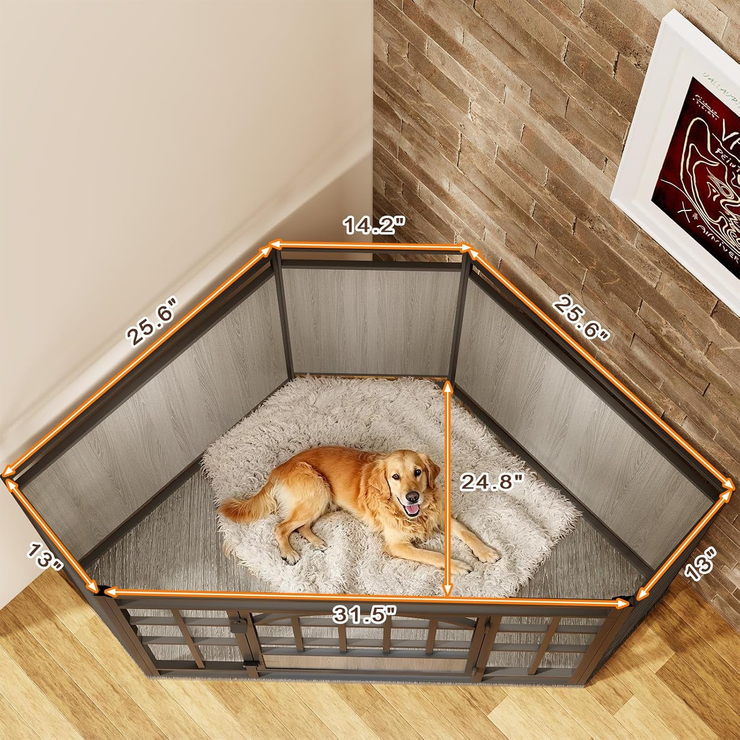 Top-down view of corner crate with a dog inside and orange dimension lines marking panel lengths.
