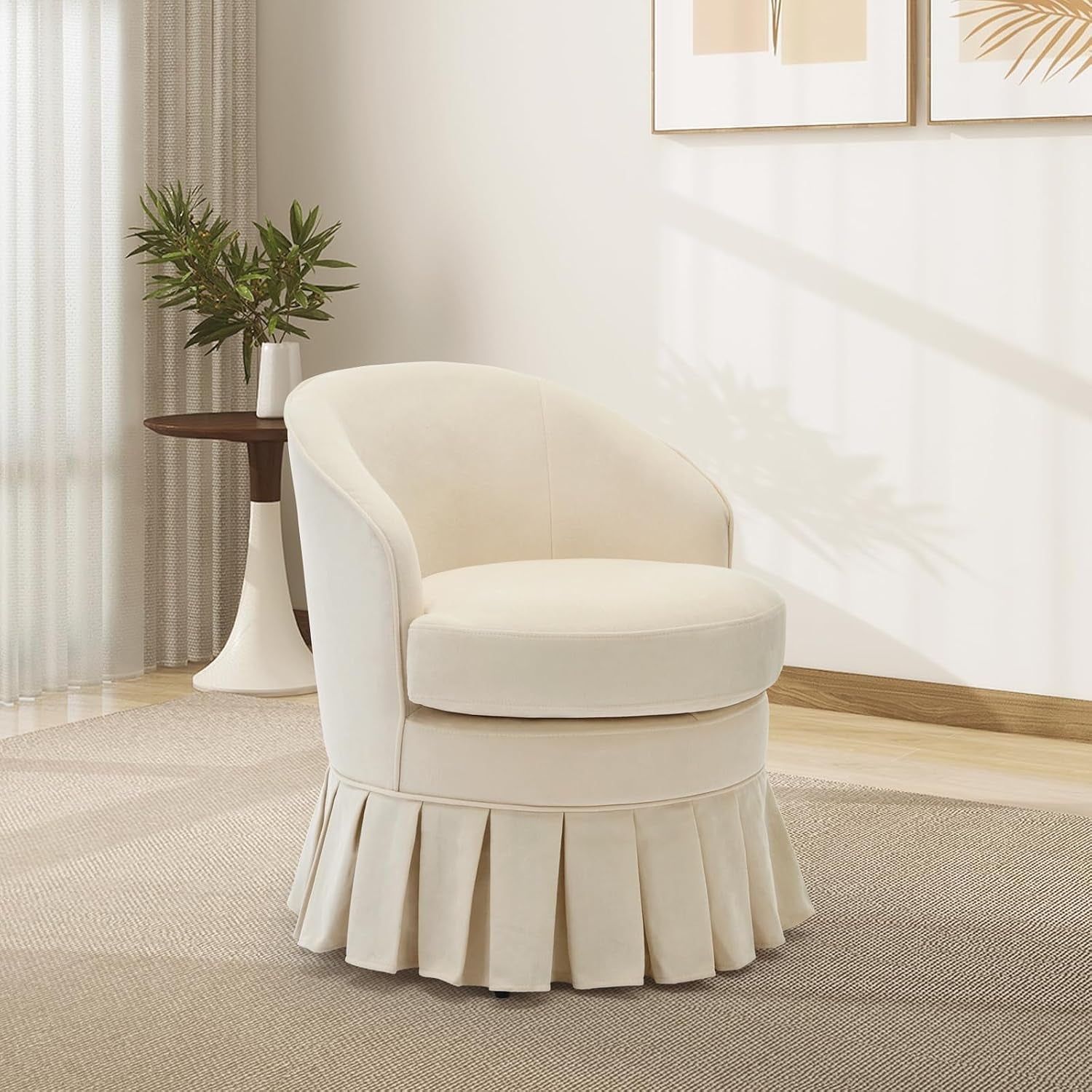 Beige upholstered barrel chair front-left view in a neutral living room setting