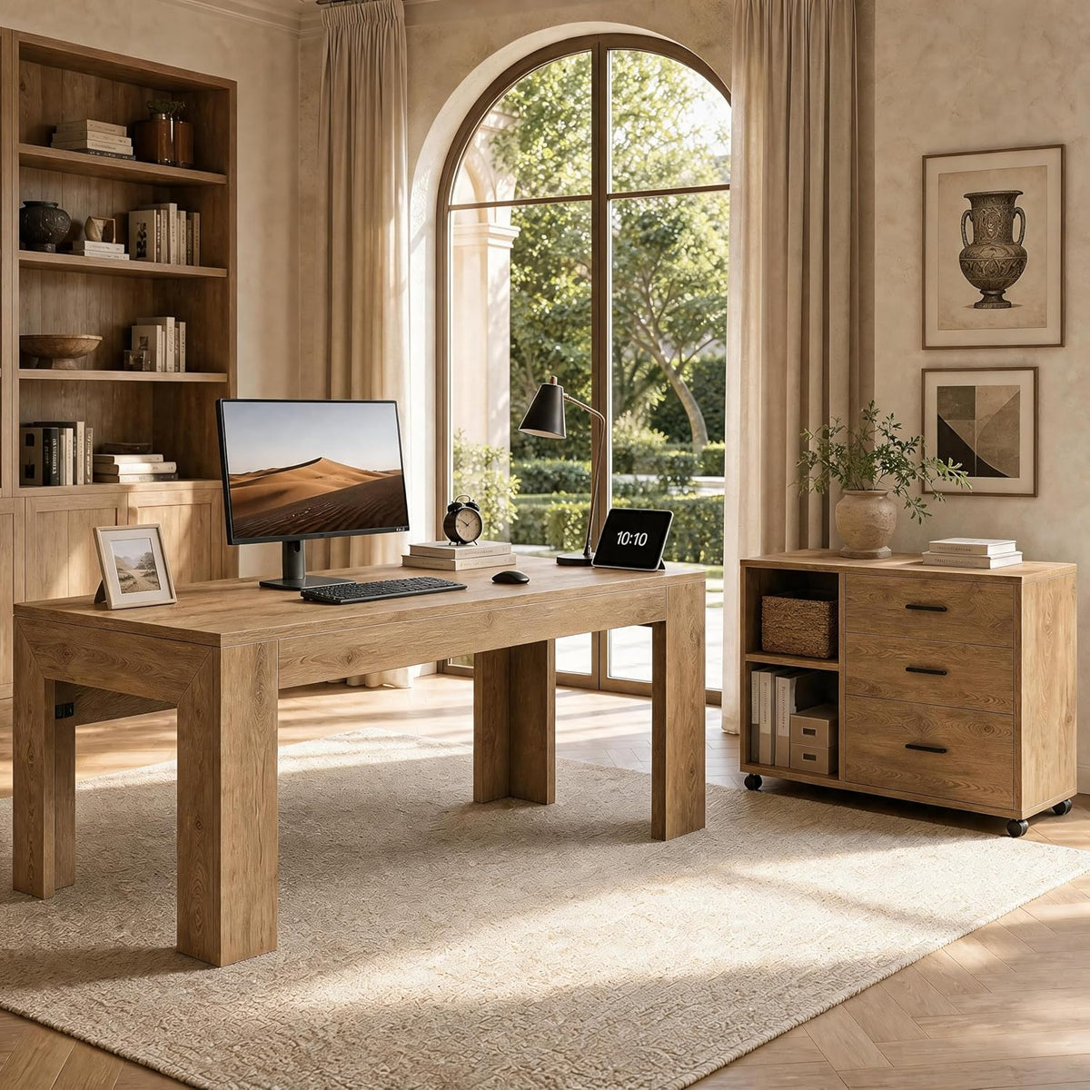 Brown L-shaped desk staged with a monitor and accessories next to a rolling file cabinet by an arched window