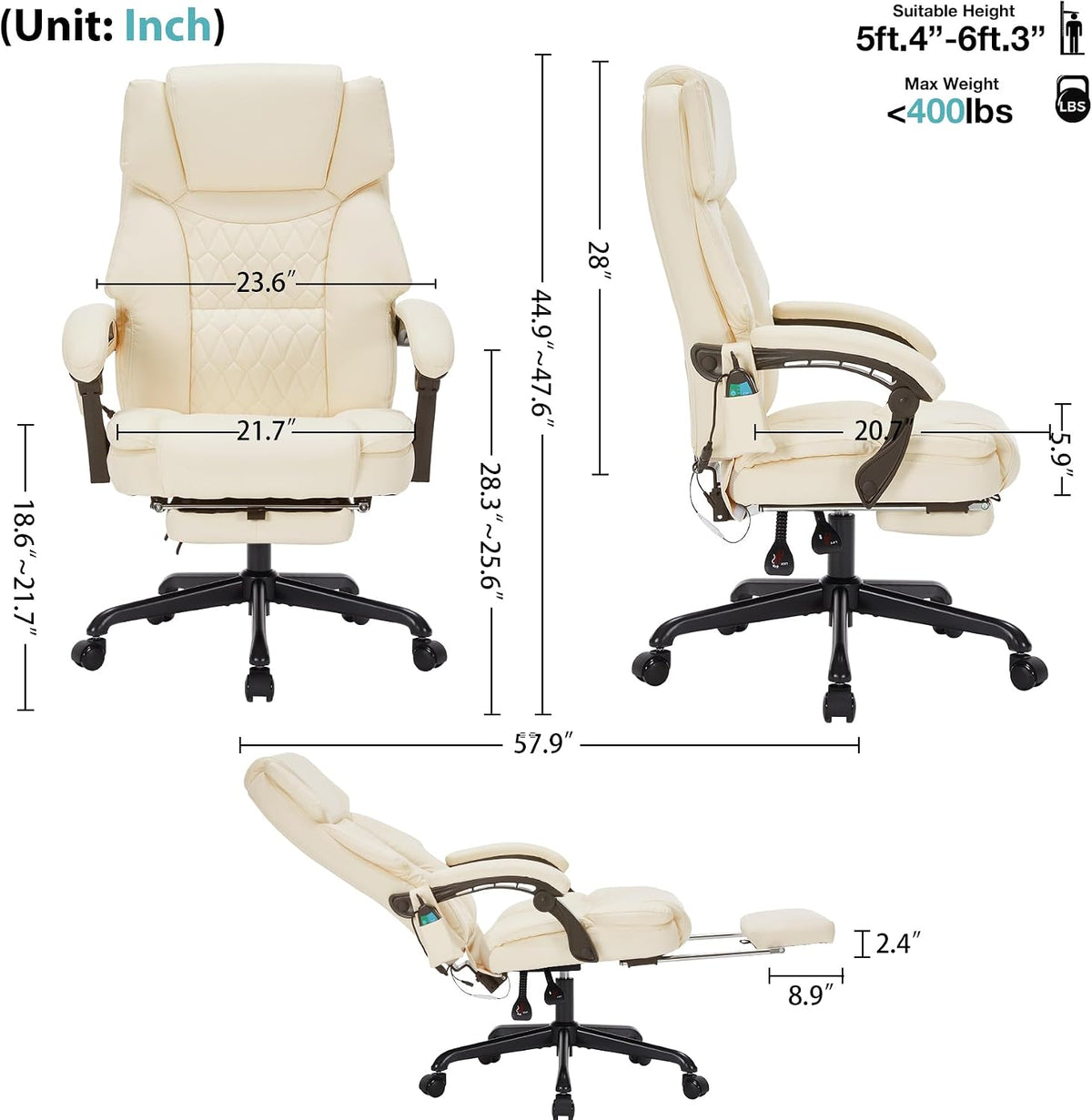 Cream office chair front and side profile with dimension overlay showing height and width measurements