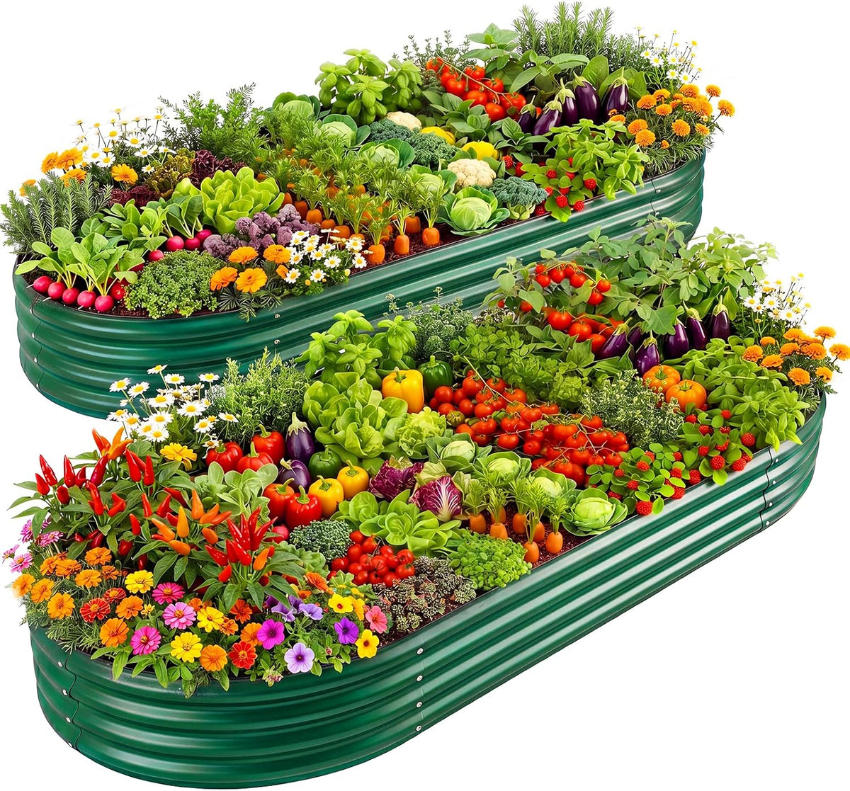 Two green oval metal raised beds overflowing with mixed vegetables and flowers