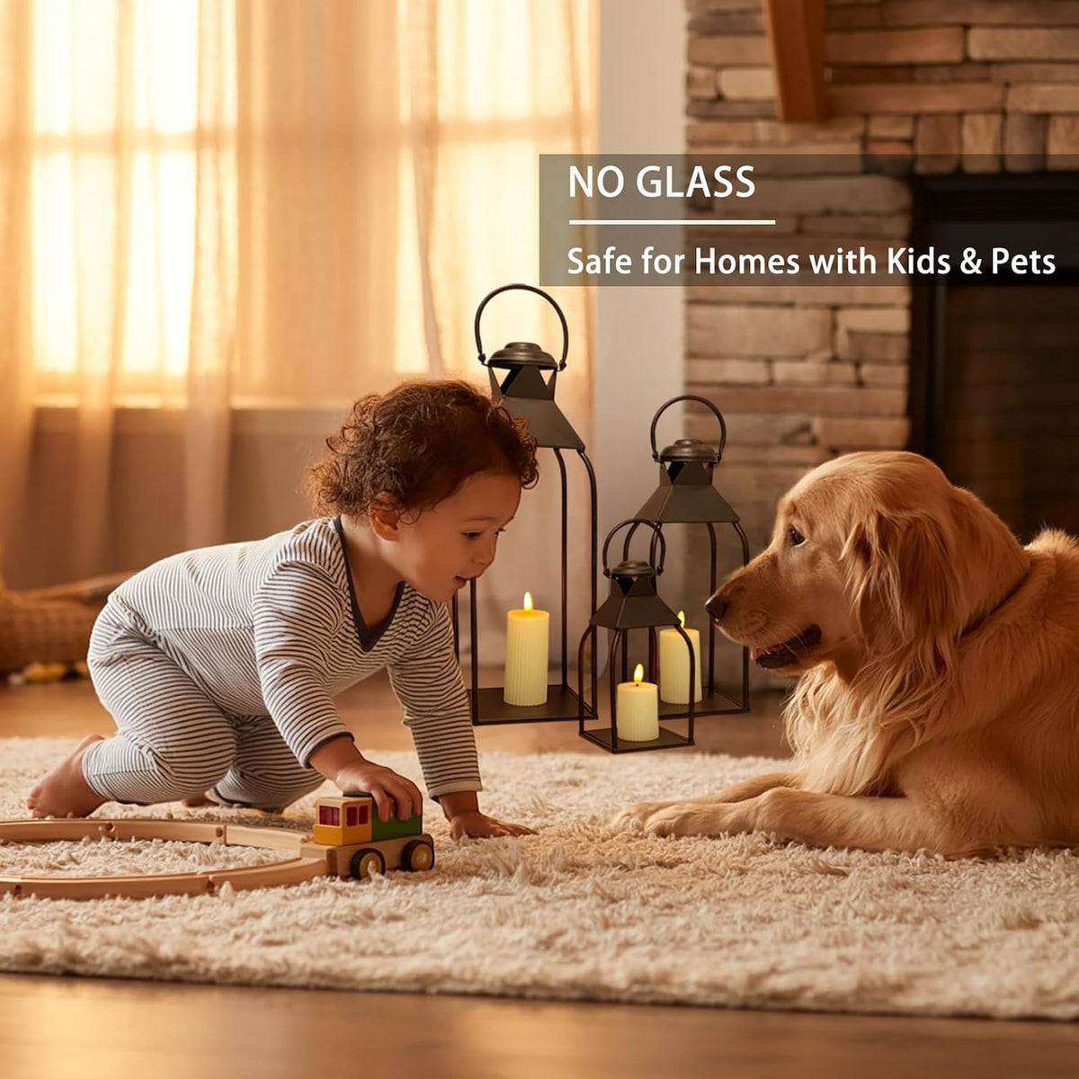 Black metal lanterns on a rug beside a child and a golden retriever in a living room setting