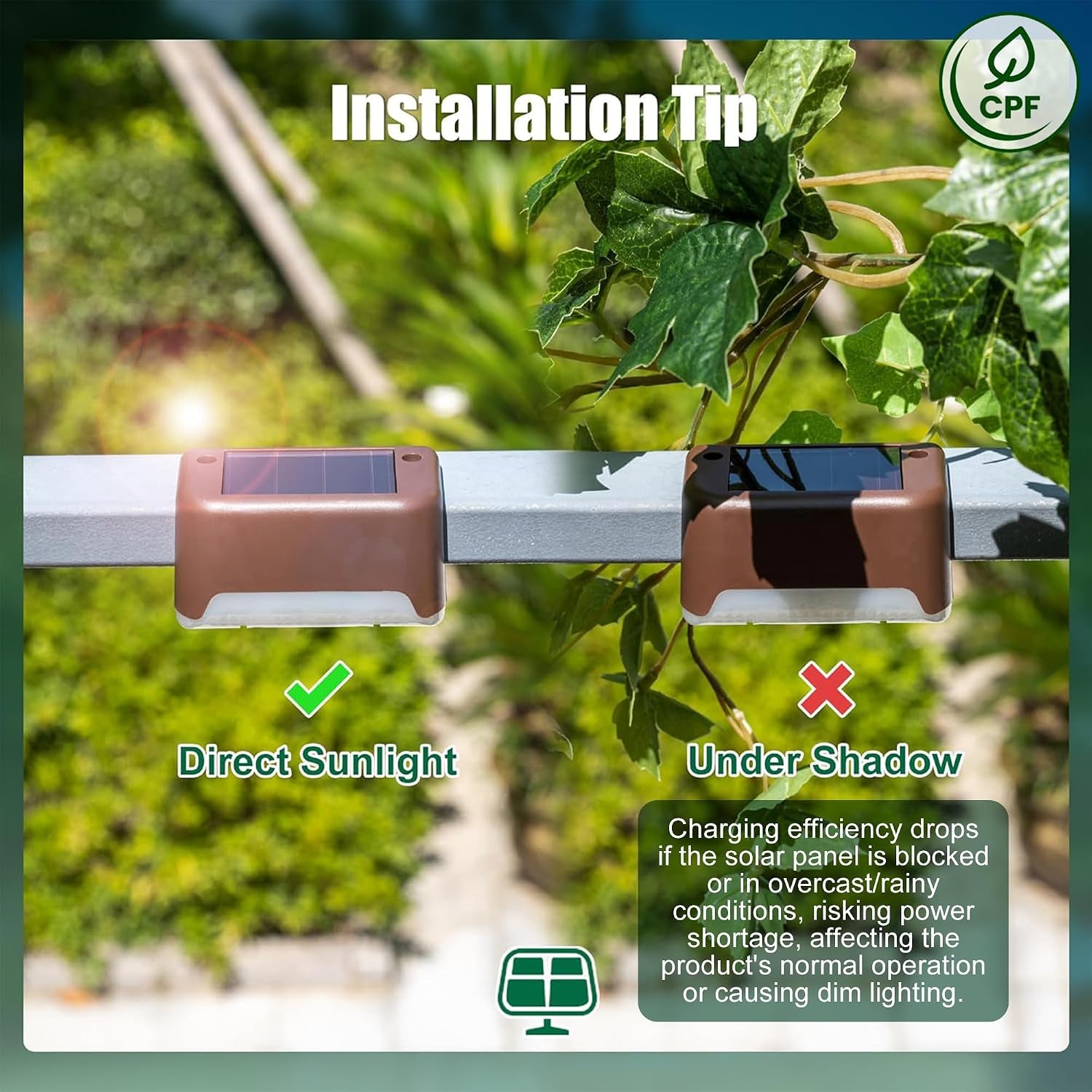 Two brown solar lights shown side-by-side: one in direct sun (check) and one shaded (x) to show placement tip.