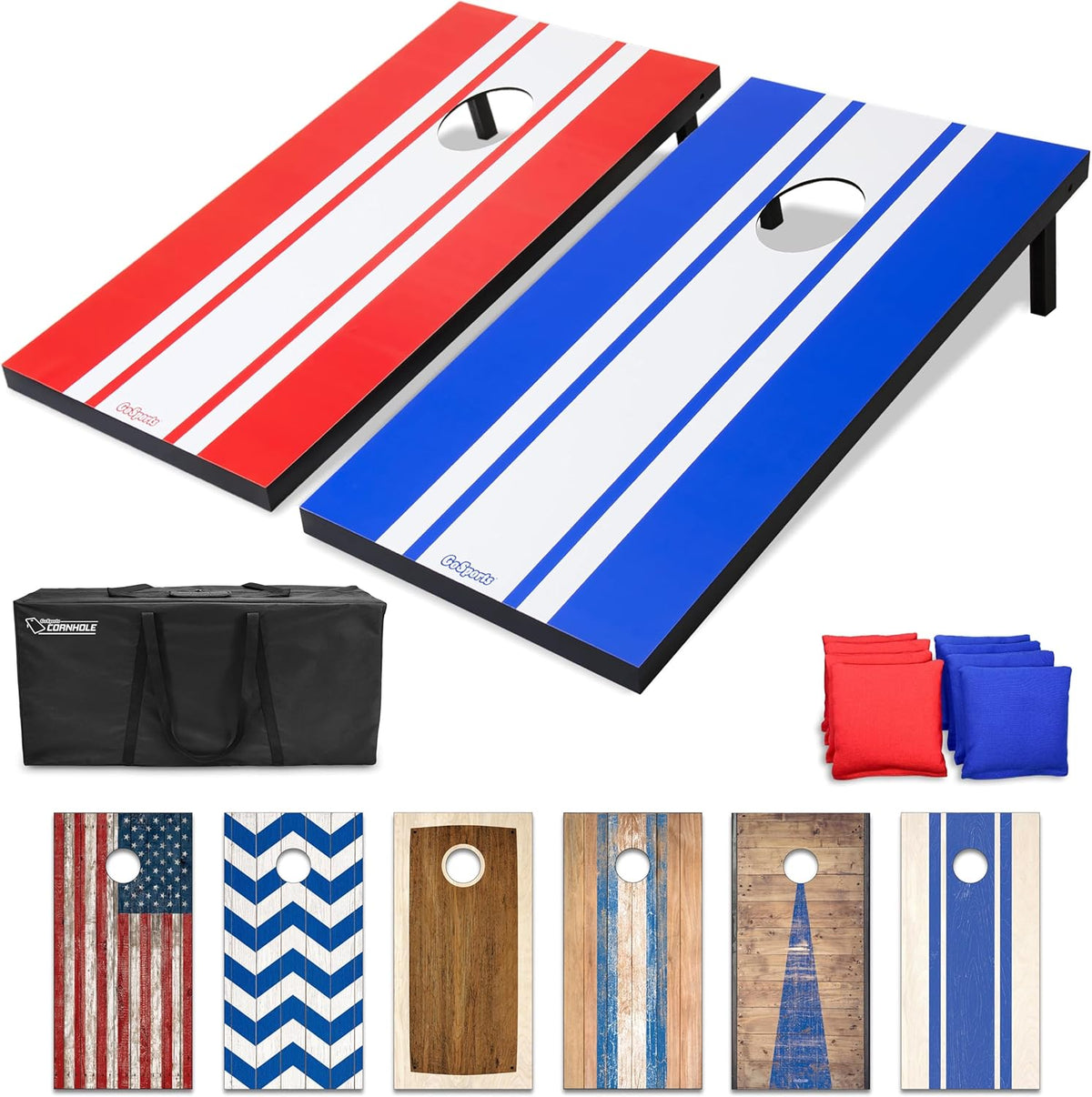 Studio layout of two racing‑stripe boards (red and blue) on white background with black carry bag and stacked red/blue bags.