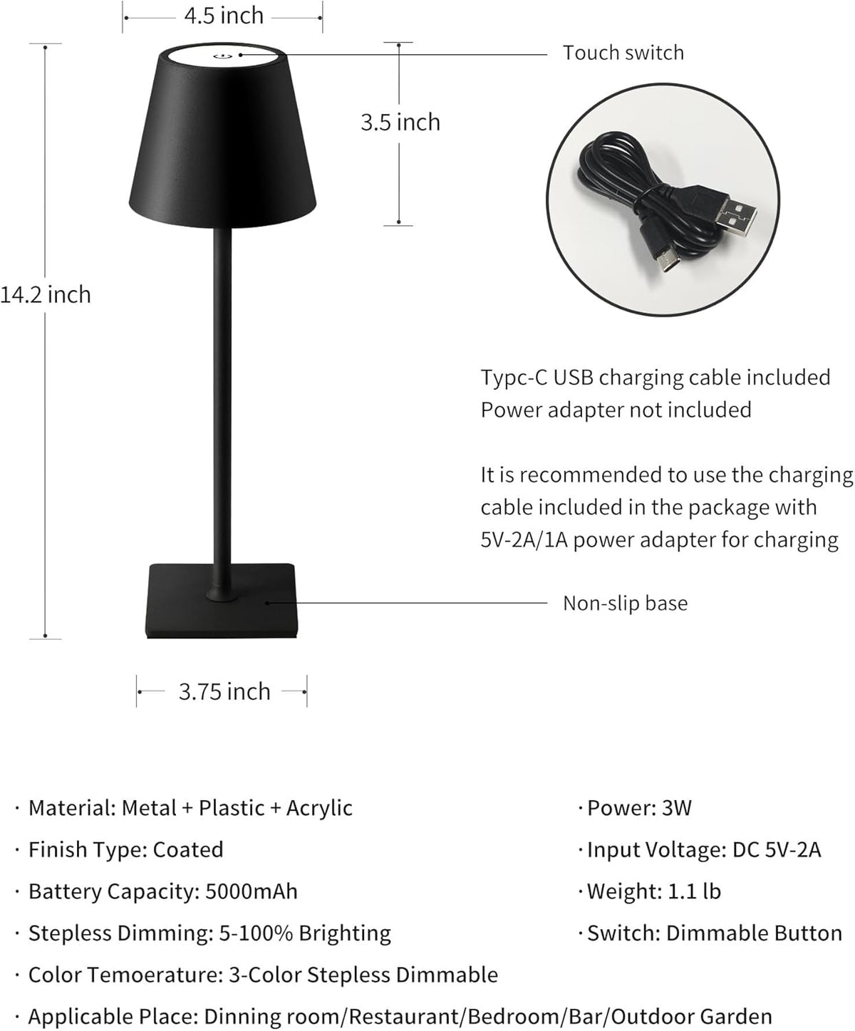 Dimension diagram showing lamp measurements (14.2 in height, 4.5 in top, 3.75 in base) and included USB‑C cable
