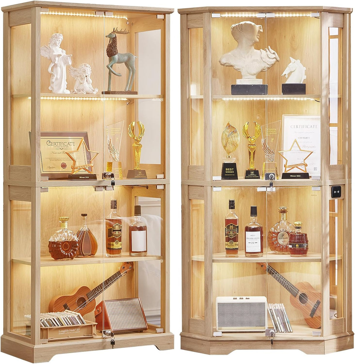 LELELINKY Farmhouse Glass Display Cabinet with Lock, Walnut | Wooden Curio Cabinets with Glass Doors, gallery view 12