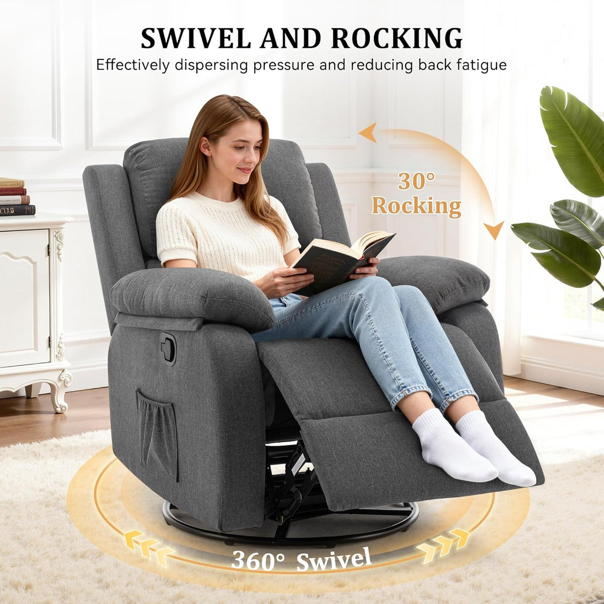 Woman seated and reading in the dark gray recliner with footrest extended, illustrating 360° swivel and rocking.