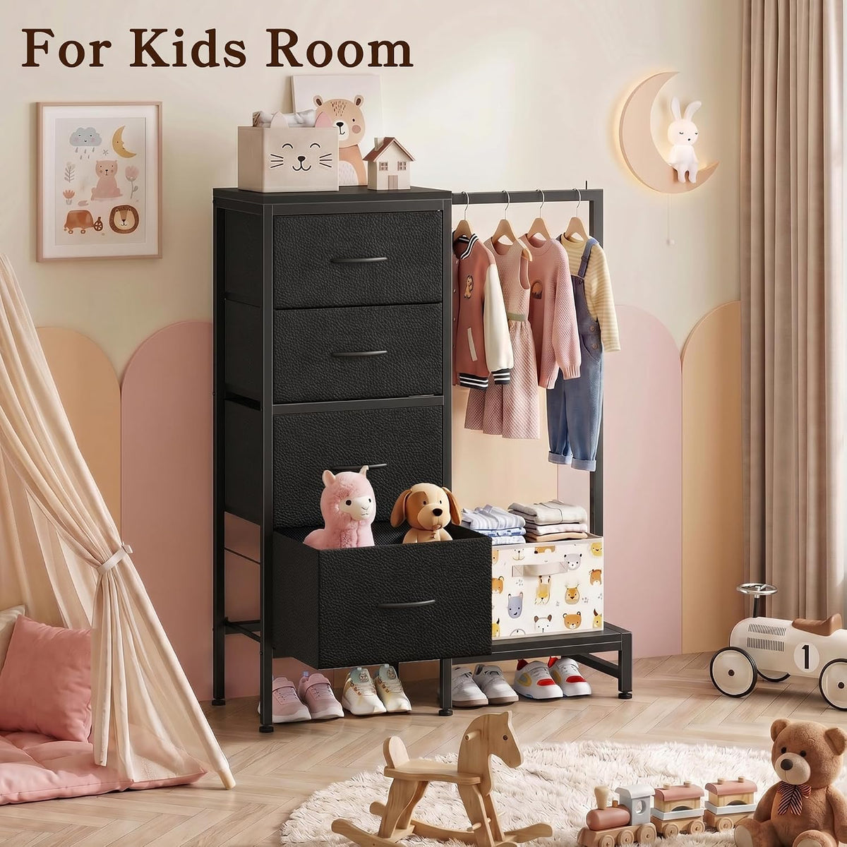 Black tall dresser with drawers partly open, children's clothes on the rack and toys around on a nursery floor