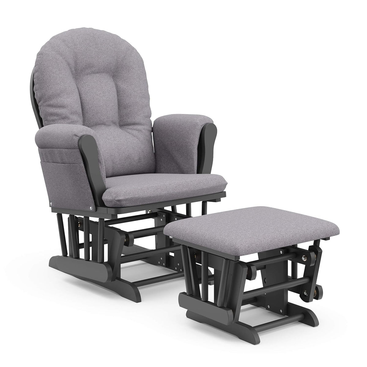 Light gray upholstered glider chair and ottoman with matte black wood frame