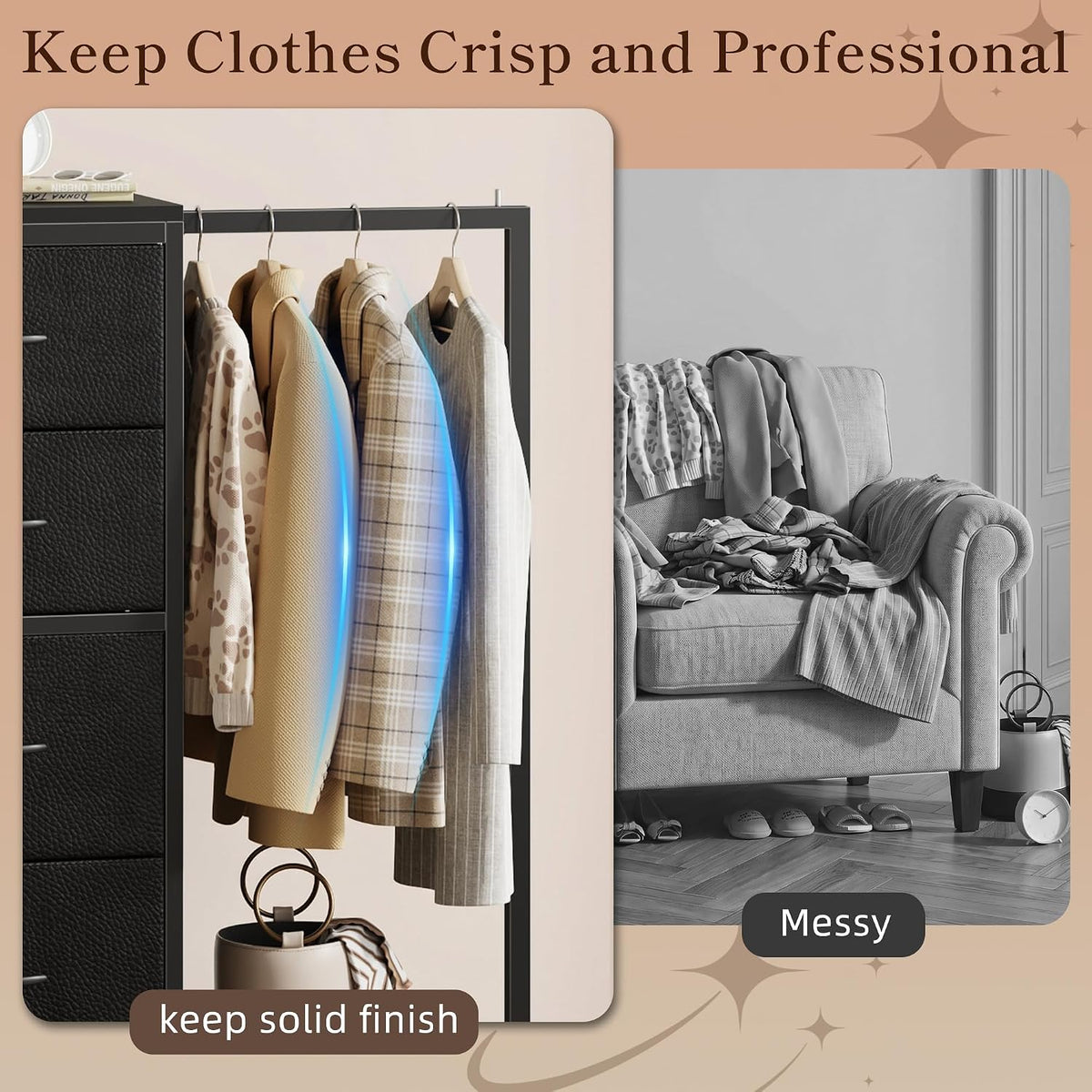Close detail of the hanging rack with jackets on hangers beside a grayscale messy sofa comparison