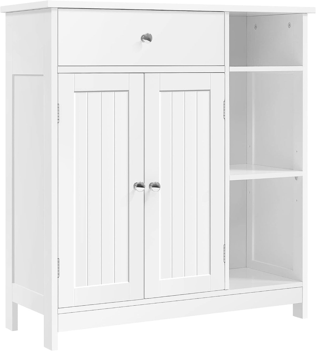 Front view of a white freestanding cabinet with beadboard double doors, a top drawer, and open side shelves.