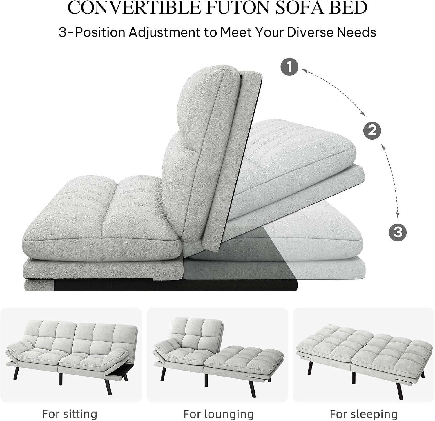 Side-view illustration showing a light gray futon back shifting through three recline positions