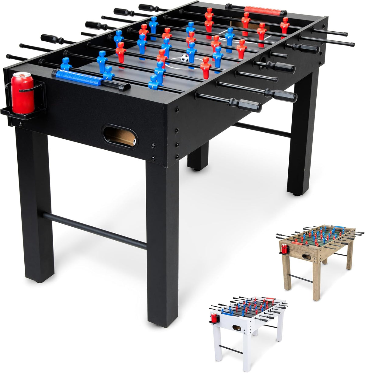 Black foosball table on a white background, red and blue players visible and a cup holder with a can.