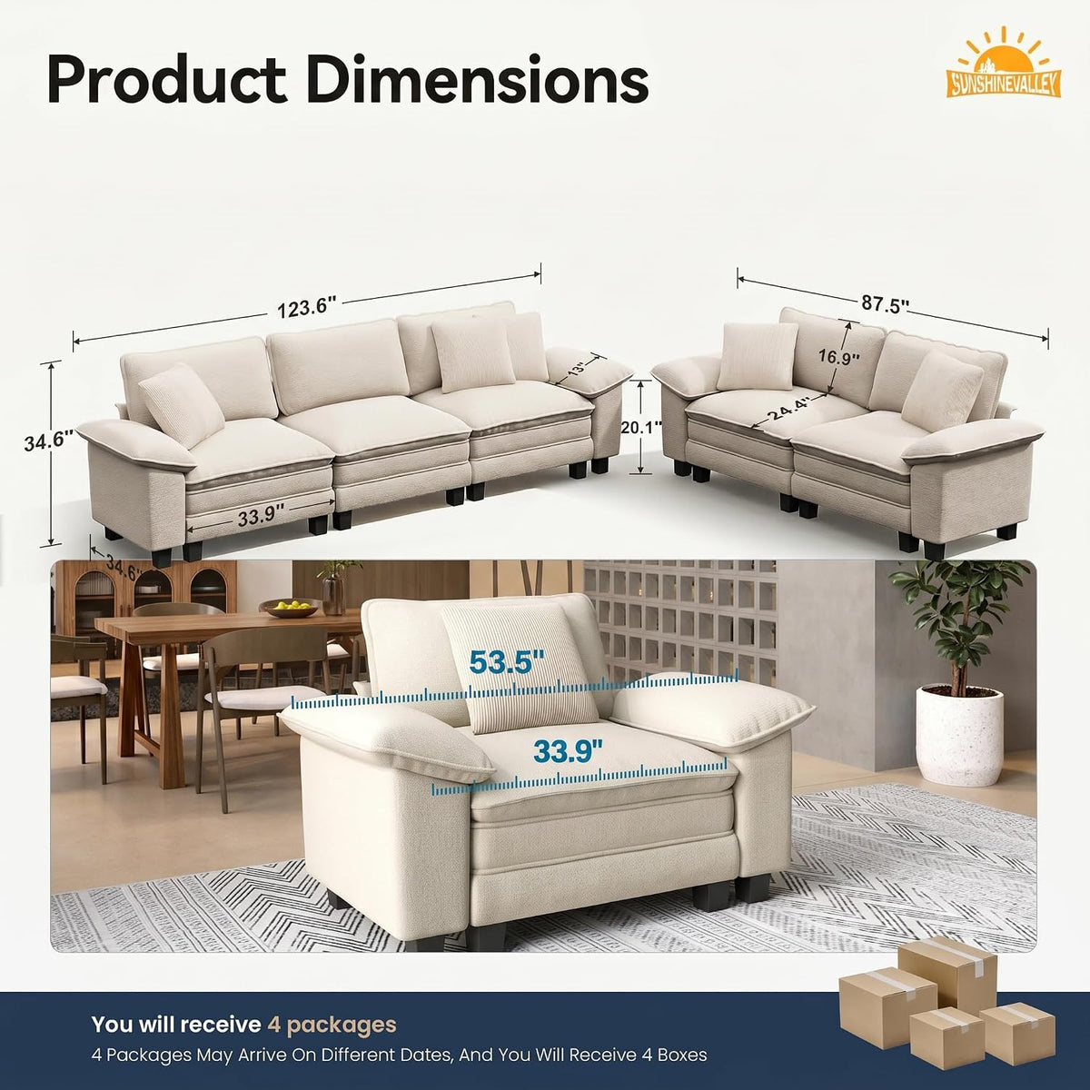 Composite dimension graphic showing the three-seat sofa and loveseat from above with measurement callouts and an inset