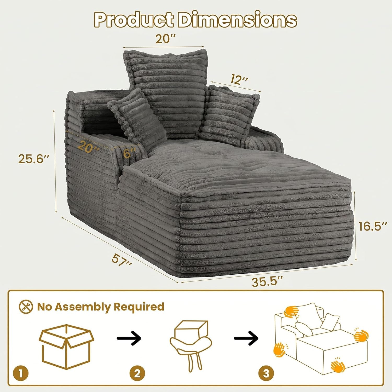 Grey chaise lounge shown with product dimension graphics and three pillows on a white background