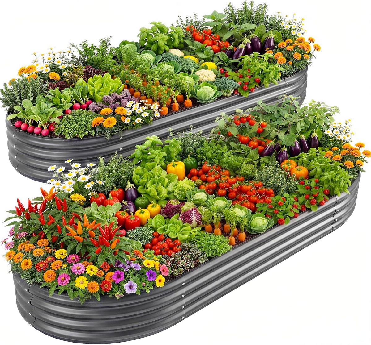 Two oval gray galvanized raised beds densely planted with vegetables and colorful blooms