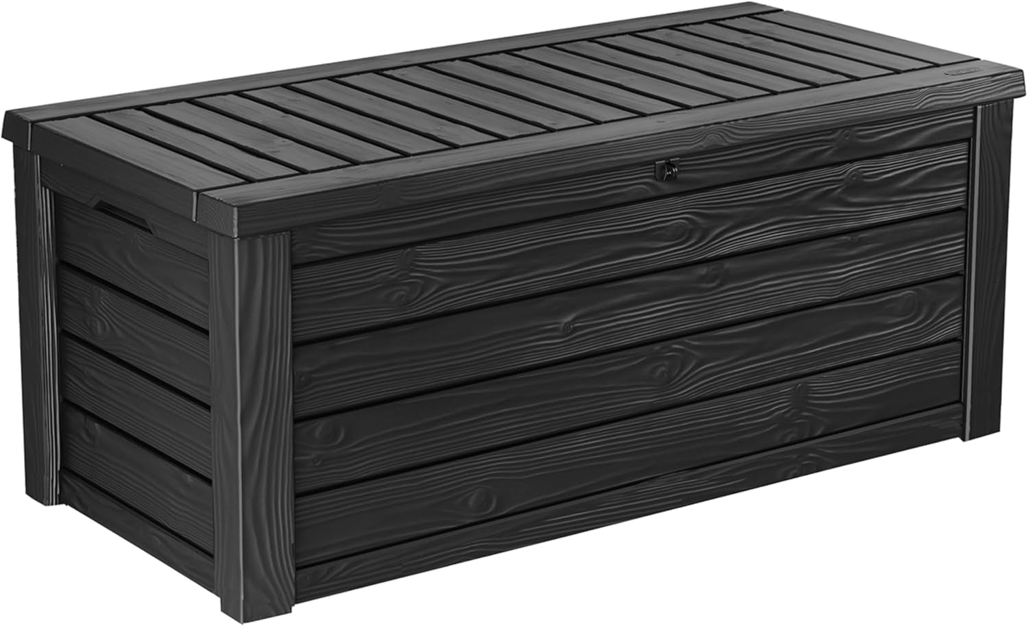 Black wood‑textured resin storage chest shown at an angle highlighting the slatted lid and corner posts.