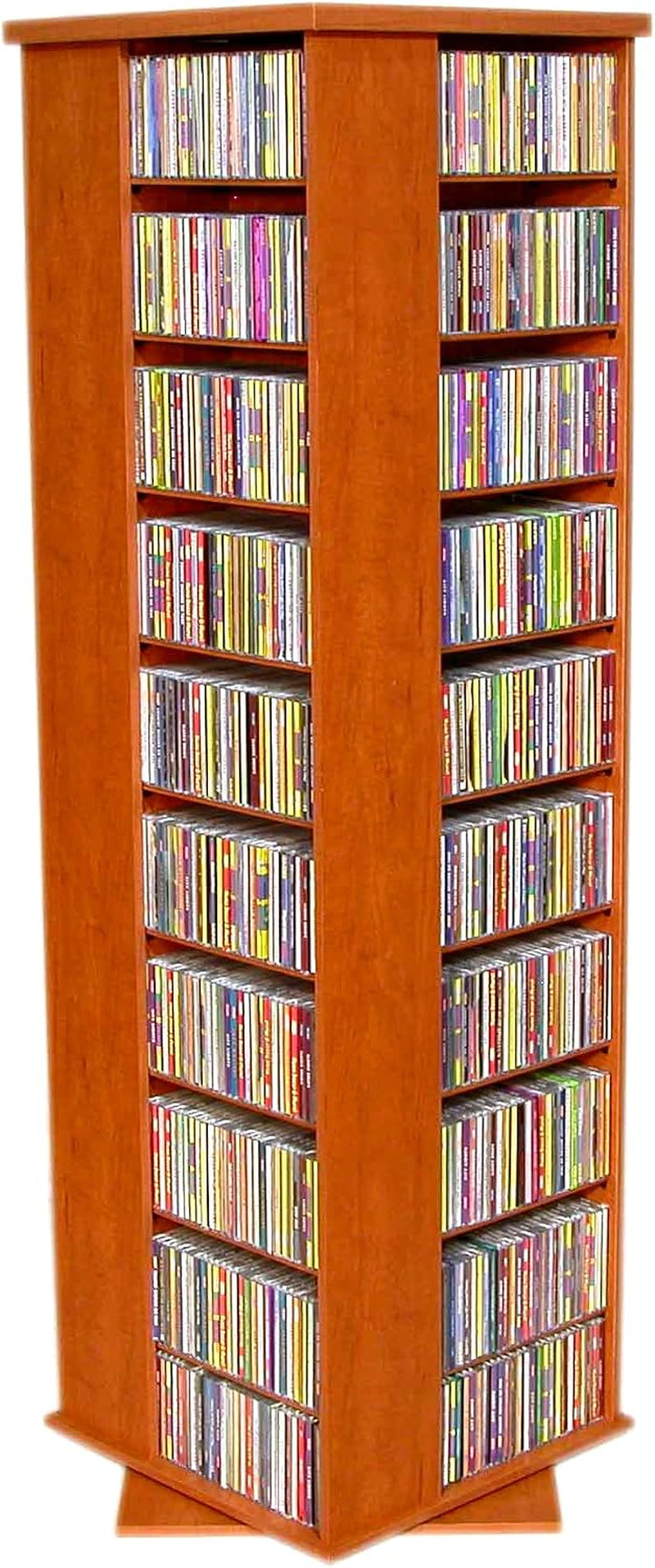 Cherry finish 4-sided rotating media tower angled front view with rows of compact discs.