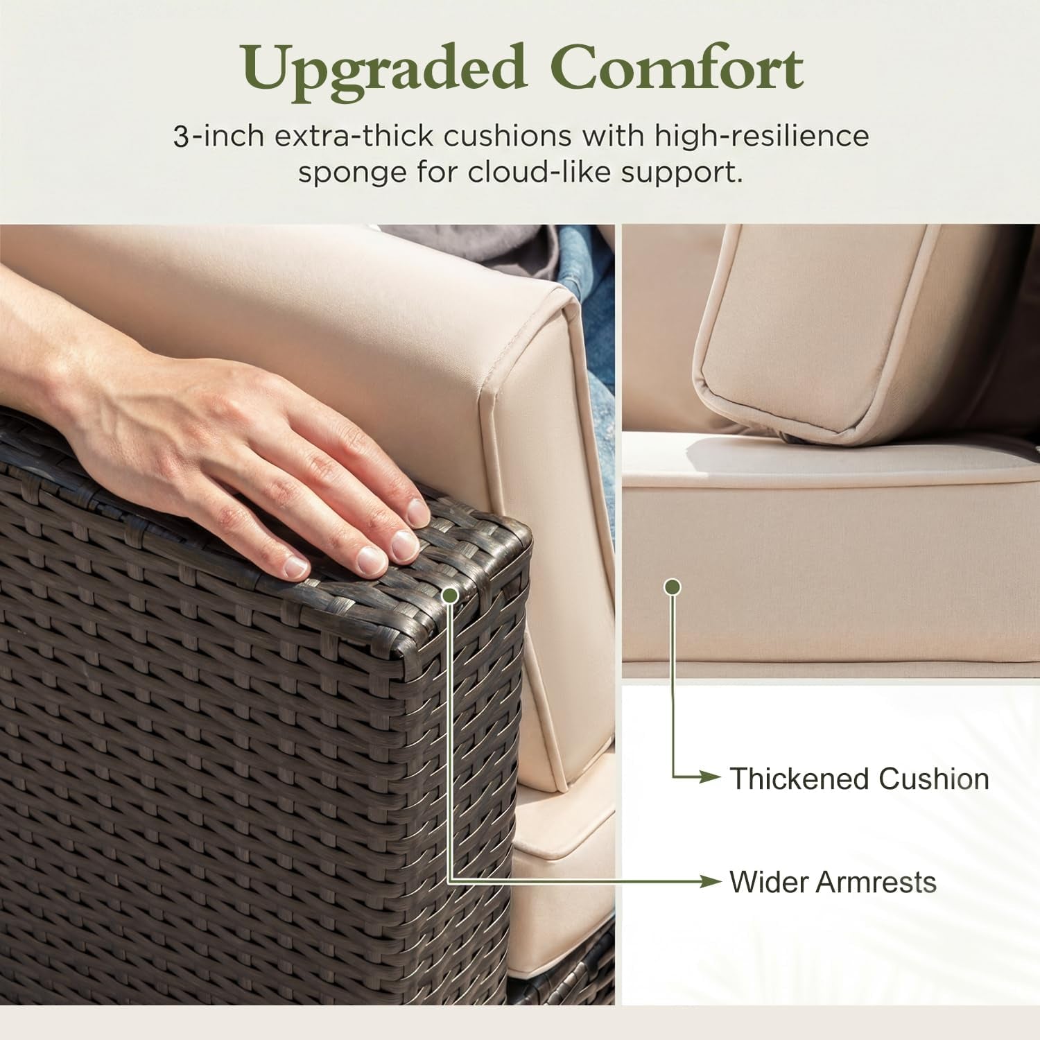 Detail view of thickened beige seat and back cushions and wider dark wicker armrest highlighting comfort features