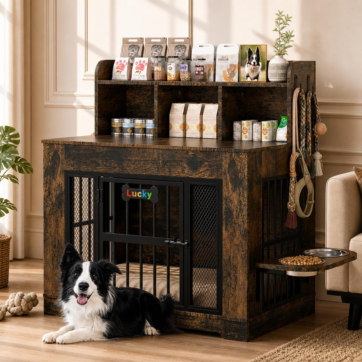 Dark walnut dog crate cabinet with open metal front door, side bowl shelf, and a black-and-white dog lying in front.
