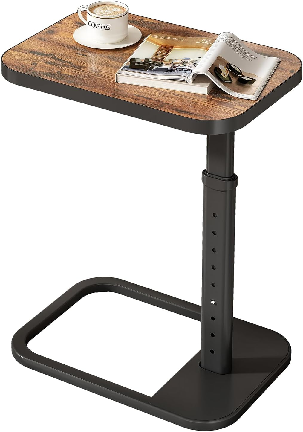 C-shaped end table with wood-finish top and black metal frame angled close-up