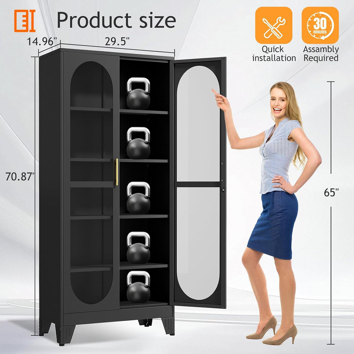 Black tall display cabinet with one door open beside a standing woman and product dimension overlays