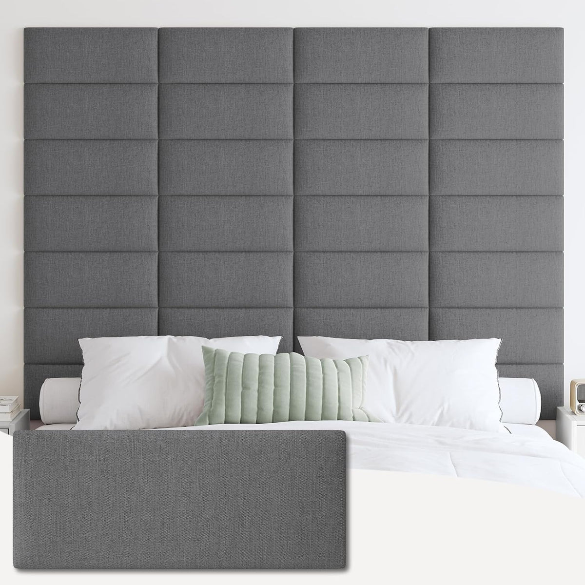 Bedroom view with a tall, grid-tufted dark gray wall headboard behind a bed and a close-up inset of one rectangular panel.