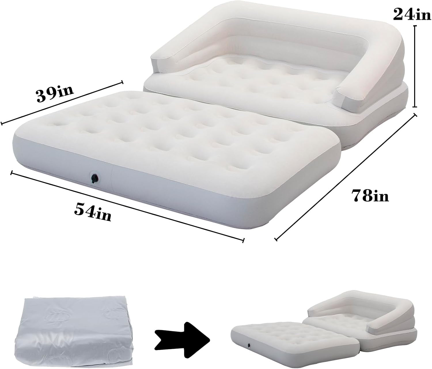 Inflatable bed and mattress laid out with annotated dimensions showing length and width measurements
