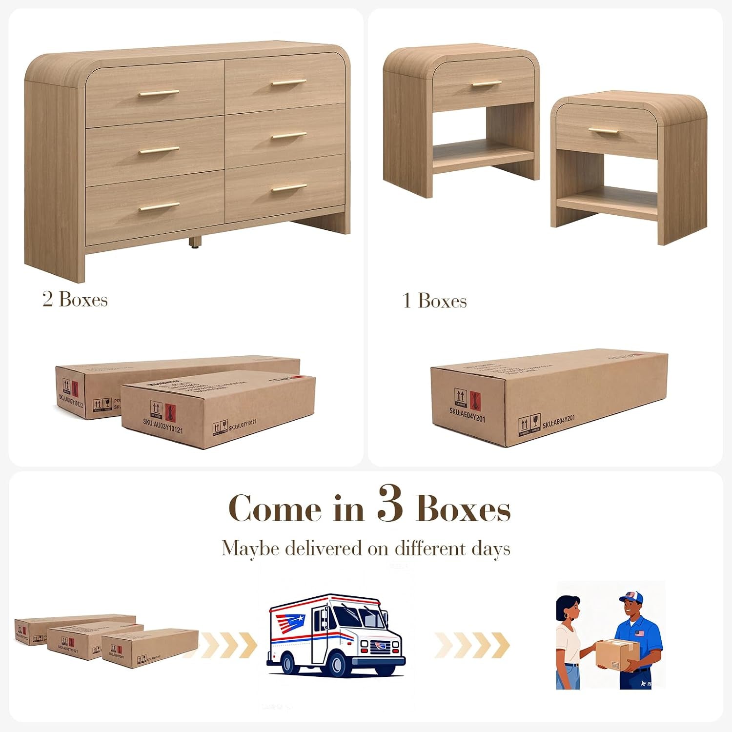 Graphic showing the dresser and two nightstands alongside flattened shipping boxes and delivery icons.