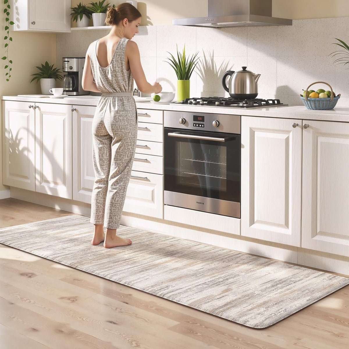 Wide kitchen scene showing a beige-toned abstract runner in front of cabinets with a person cooking.